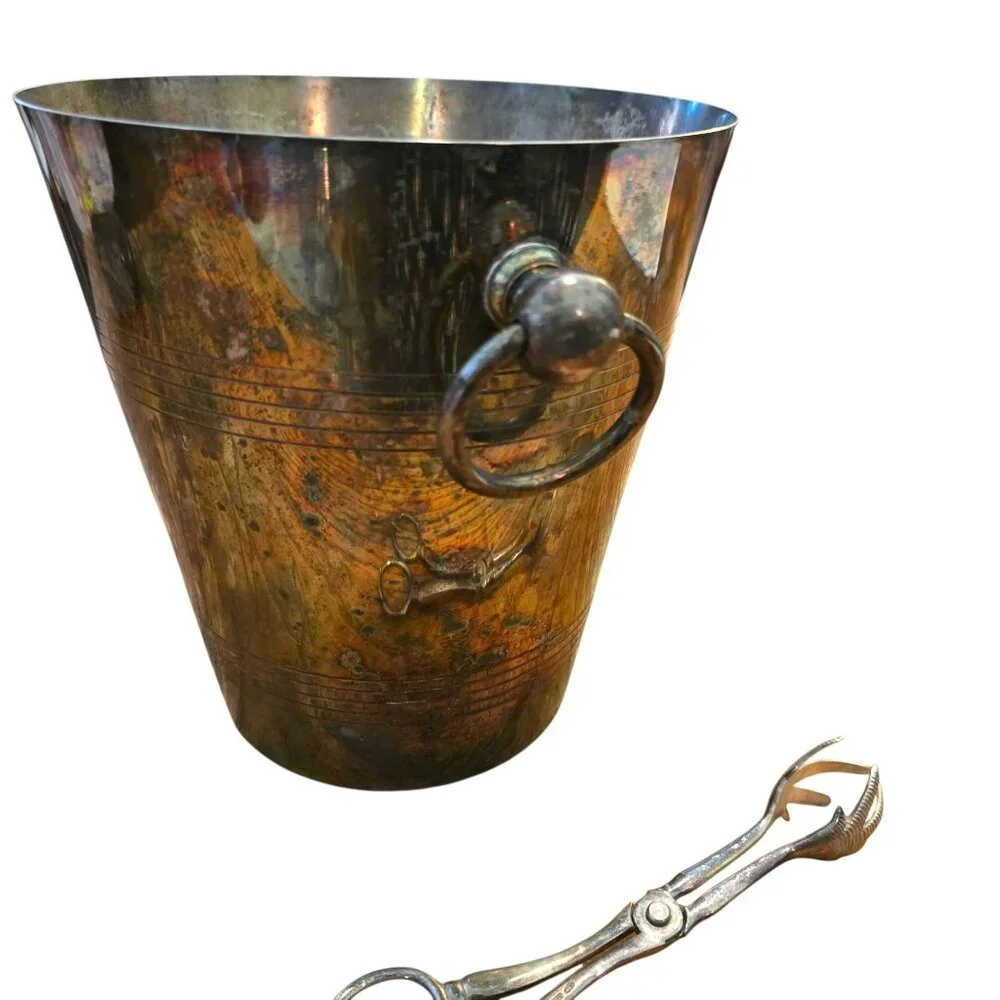 Vintage Silver-Plated Ice Bucket With Bird Foot Tongs Set K&M England CM2130